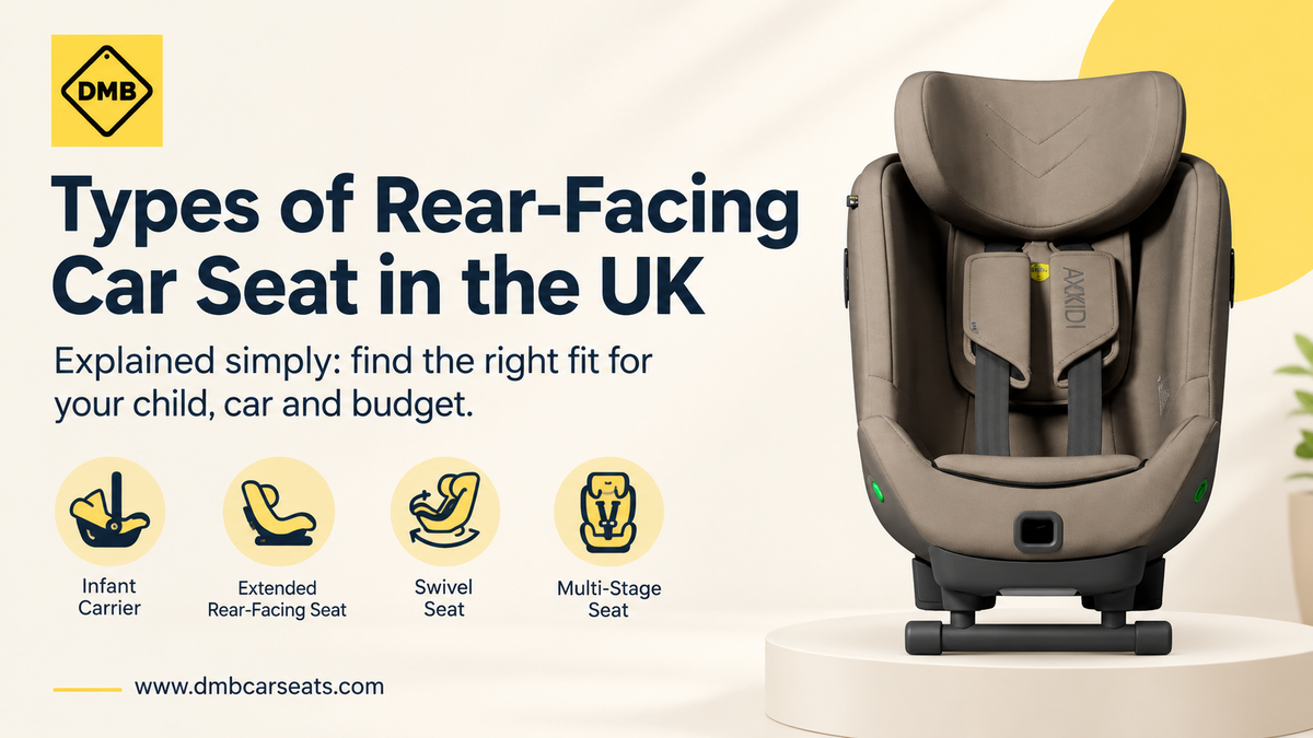Types of rear-facing car seats in the UK, featuring an infant car seat and four seat types by DMB Car Seats.