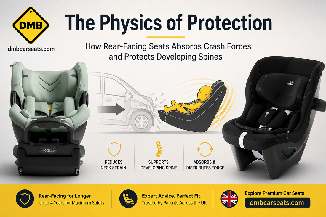 Rear facing car seat demonstrating how crash forces are absorbed to protect a developing spine, featuring DMB Car Seats products.
