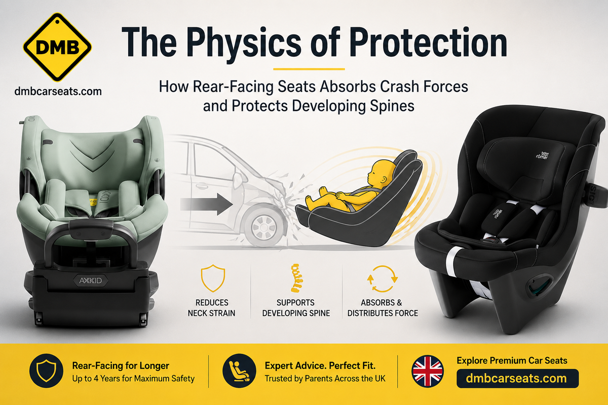 Rear facing car seat demonstrating how crash forces are absorbed to protect a developing spine, featuring DMB Car Seats products.