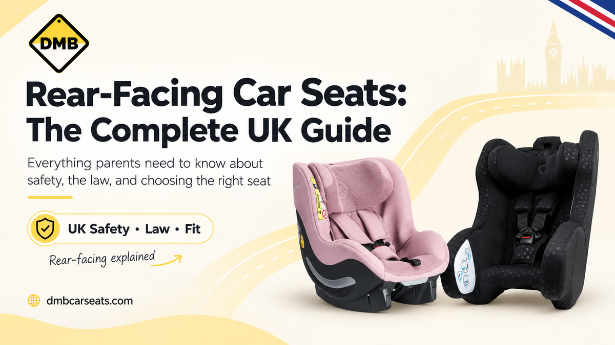 DMB Car Seats UK guide banner featuring rear-facing child car seats, safety, law, fitting tips, and dmbcarseats.com.